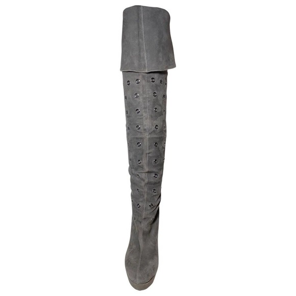 Alexandra G Riveted Tall Tie back Over The Knee Stiletto Grey Suede Boots NWOB - Picture 4 of 9